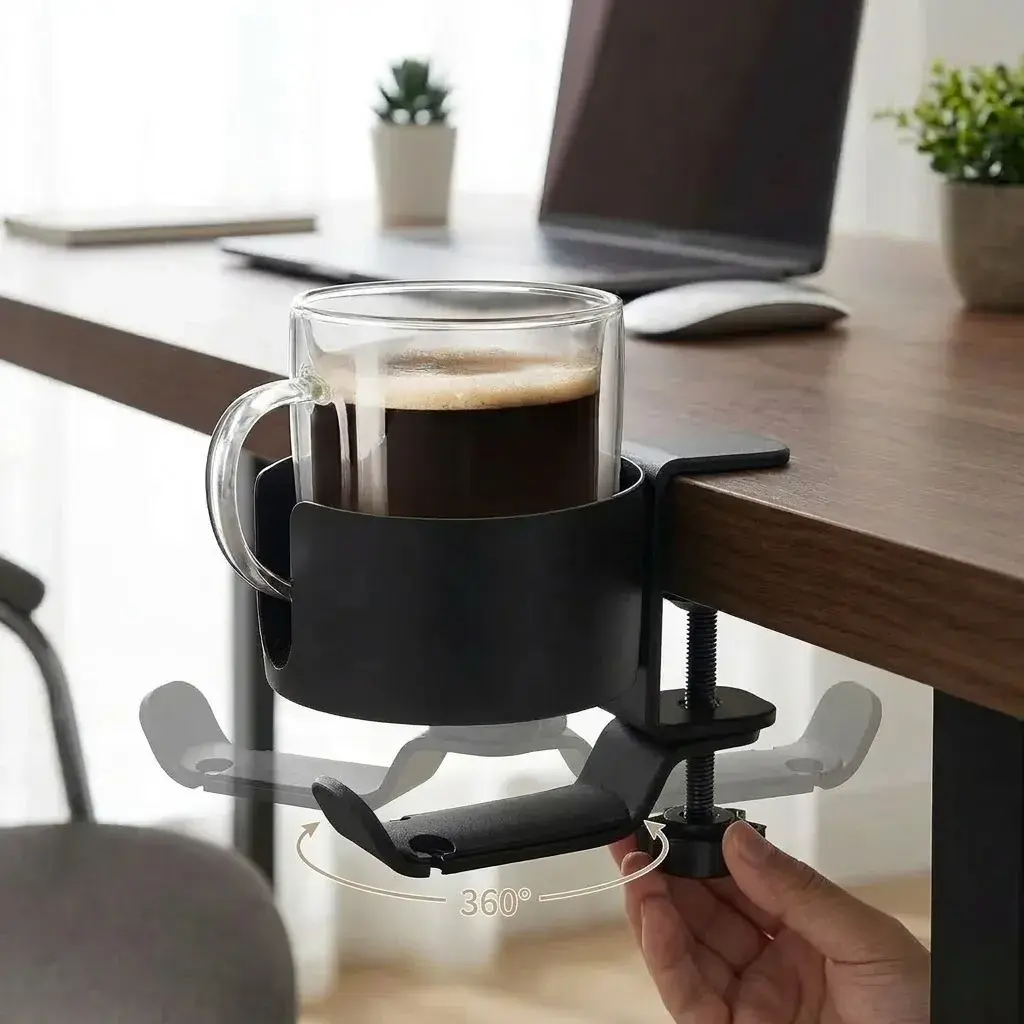 Desk Cup Holder with Headphone Hook, Office Accessories – 360° Rotating Clamp Mount Home Organizer Storage Rack, Office Desk Accessories, Gaming Desks