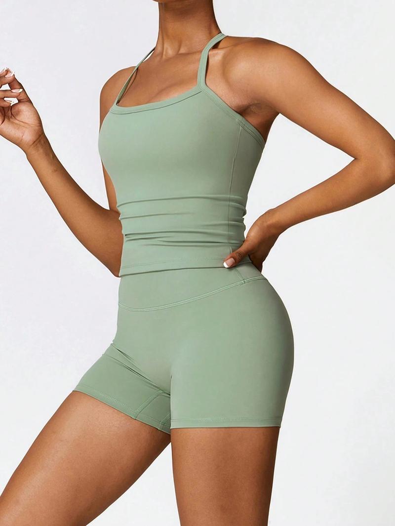 MASKERT Women's Solid Color Backless High Stretch Two-piece Set, Spaghetti Strap Crop Cami Top & High Waist Skinny Shorts, Breathable Sportswear for Yoga Gym Workout Indoor Outdoor