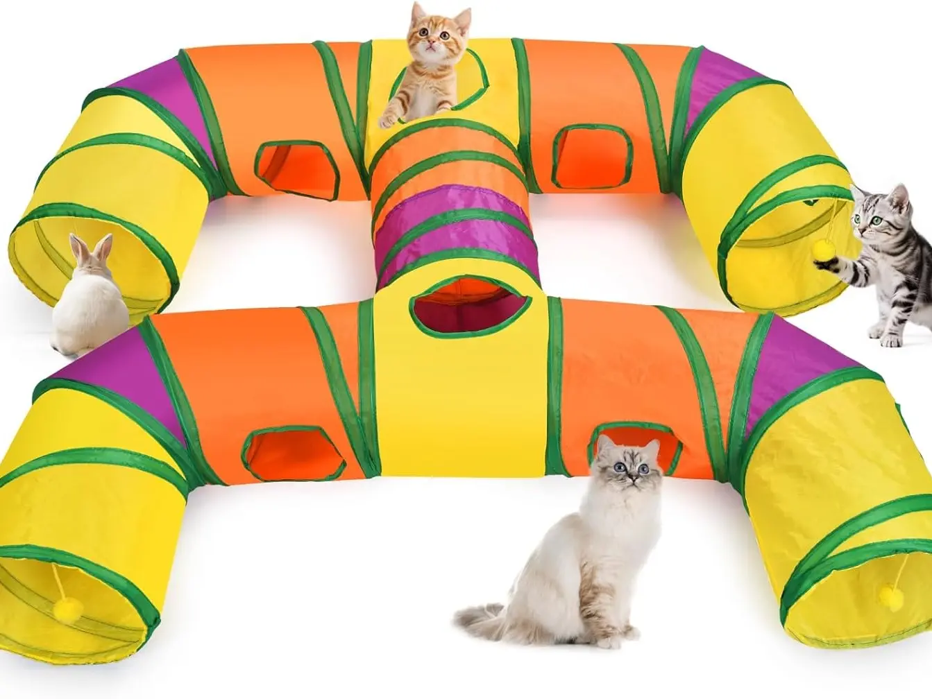 H-4-Way Collapsible Cat Tunnels for Kittens Indoor Entertainment, Washable Cute Cat Tube Toys with Interactive Playing Balls,Tear-Resistant Pet Tube, Cats, Kitten, Kitty, Puppy, Rabbit
