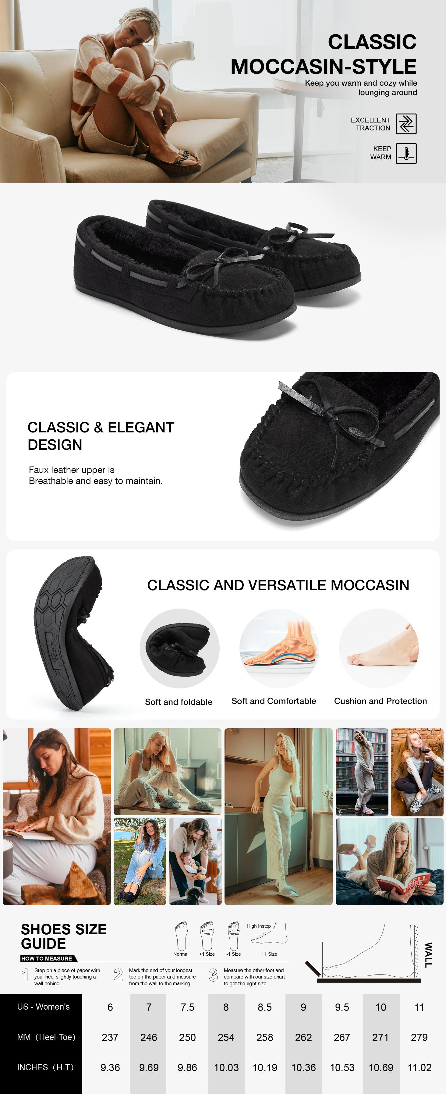 KOLILI Winter Women's Moccasin Warm Cotton Slippers, Non-slip and Wear-resistant Rubber Sole, Classic and Cute Bow Slip-on Shoes Suitable for Indoor and Outdoor Wear