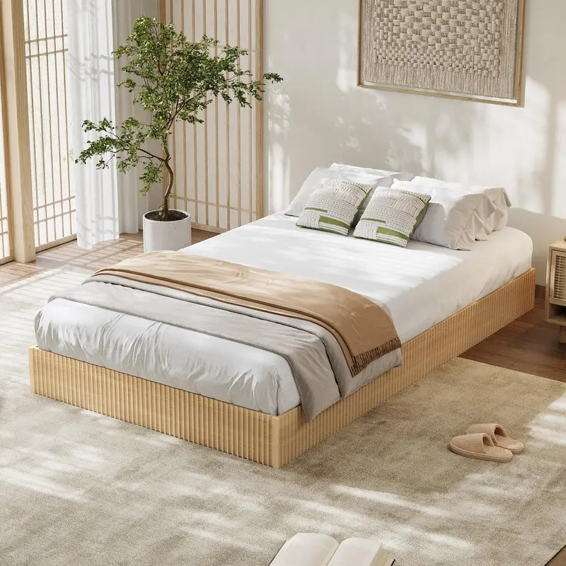 Twin Bed Frame, Wood Platform Bed with Fluted Design, Low Profile BedFrame, Minimalist Bed Base with Noise-Free, No Box Spring Needed, Natural