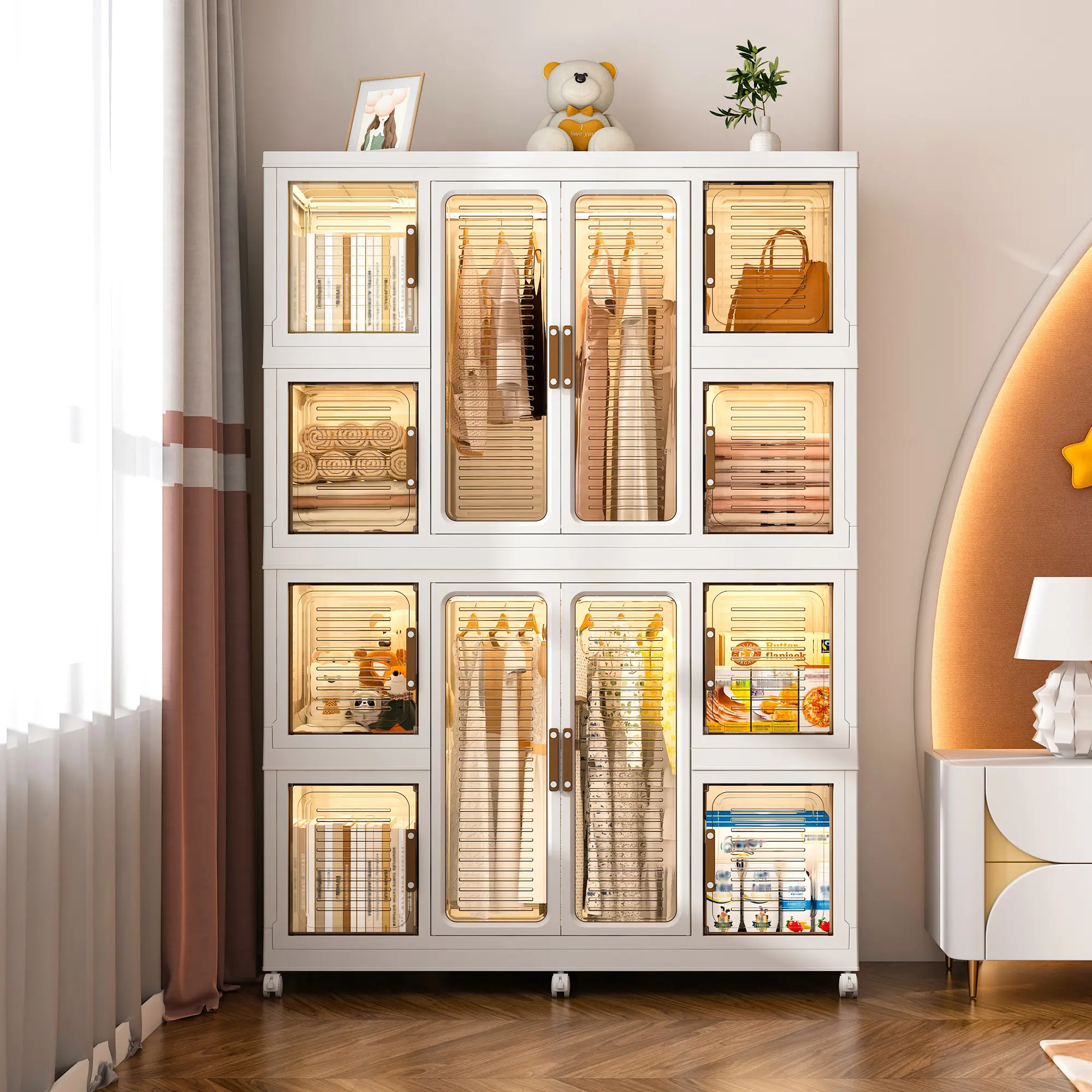 Portable Wardrobe Closet Storage Organizer for Kids Clothes with 12 Magnetic Doors, 12 Cubes & 2 Hanging Rods, 16 Hangers Included, Sturdy PP Material, Easy Assembly, White,