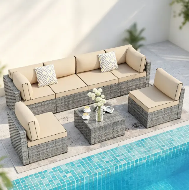 7 Pieces Outdoor Patio Furniture Set, Outdoor Sectional Rattan Wicker Modern Sofa Furniture Set, Bistro Style Conversation Sofa for Pool, Backyard (Silver Gray), Outdoor Furniture Set Lounge