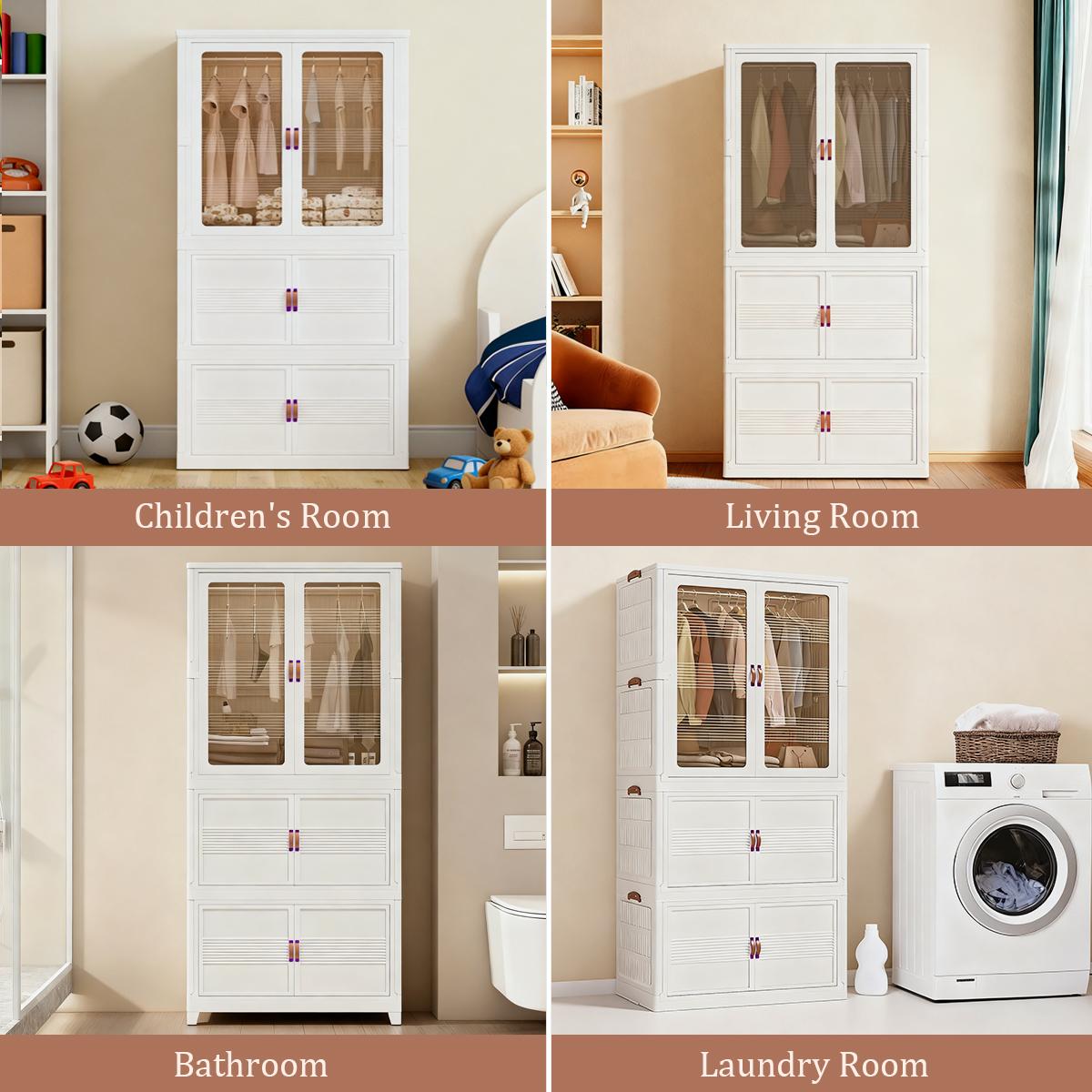 Space-Saving Folding Storage Cabinet Stackable Storage Organizer Bins with Wheels – Foldable Plastic Cabinet with Magnetic Door for Closet, Bedroom & Kitchen