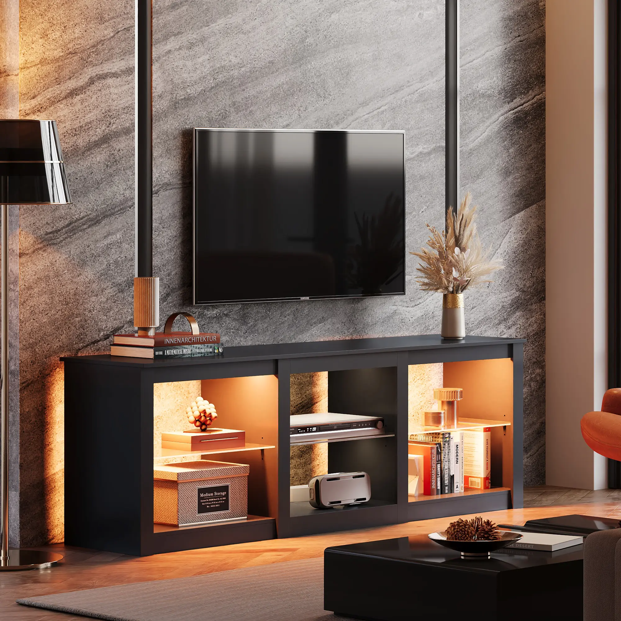 WLIVE TV Stand - Home Cinema Modern Entertainment Center for 55/65/75 Inch TVs, with LED Lights, Adjustable Glass Shelves, Sturdy Media Console for Living Room, Gaming Room