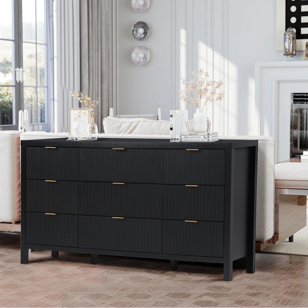 Giratree 6 9 Drawer Dresser Cabinet, Long Nightstand with Drawers and Storage Cabinet, Boho Solid Wood Dresser TV Stand, Mid Century Modern Nightstand with 6 Drawer Dresser for Bedroom Closet