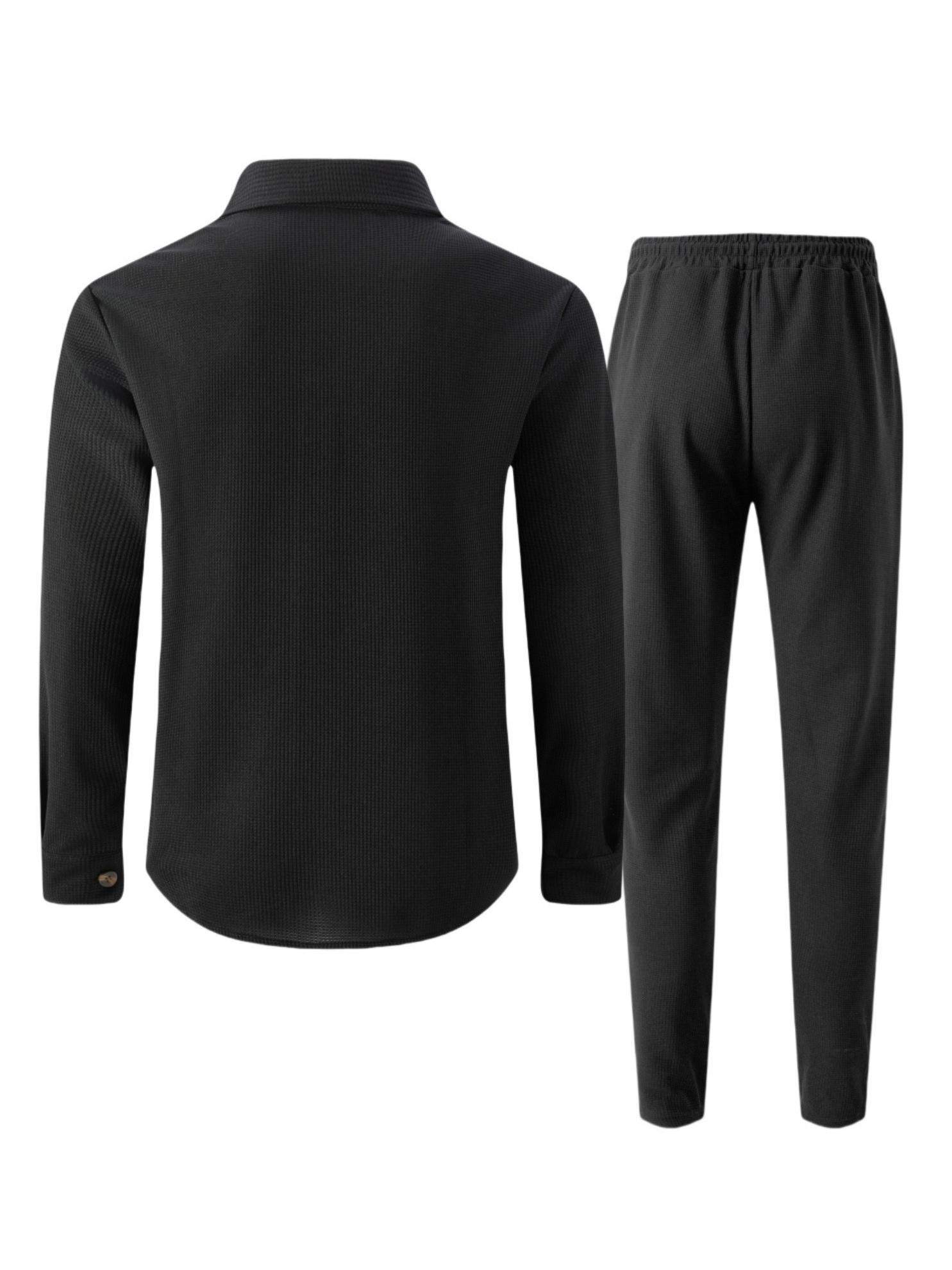 Autumn New Waffle Long Sleeved Pants Two-Piece Set Solid Color Double Pocket Button Up Cardigan Shirt Set for Men