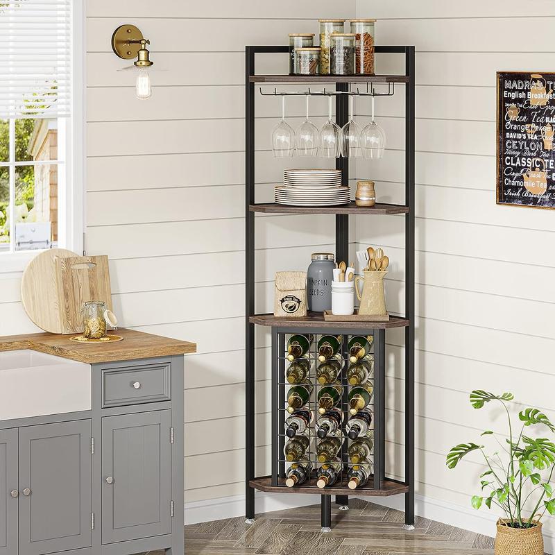 Tribesigns Industrial 4 Tier Corner Wine Rack with Glass Holder,Corner Bar Utensils Metal