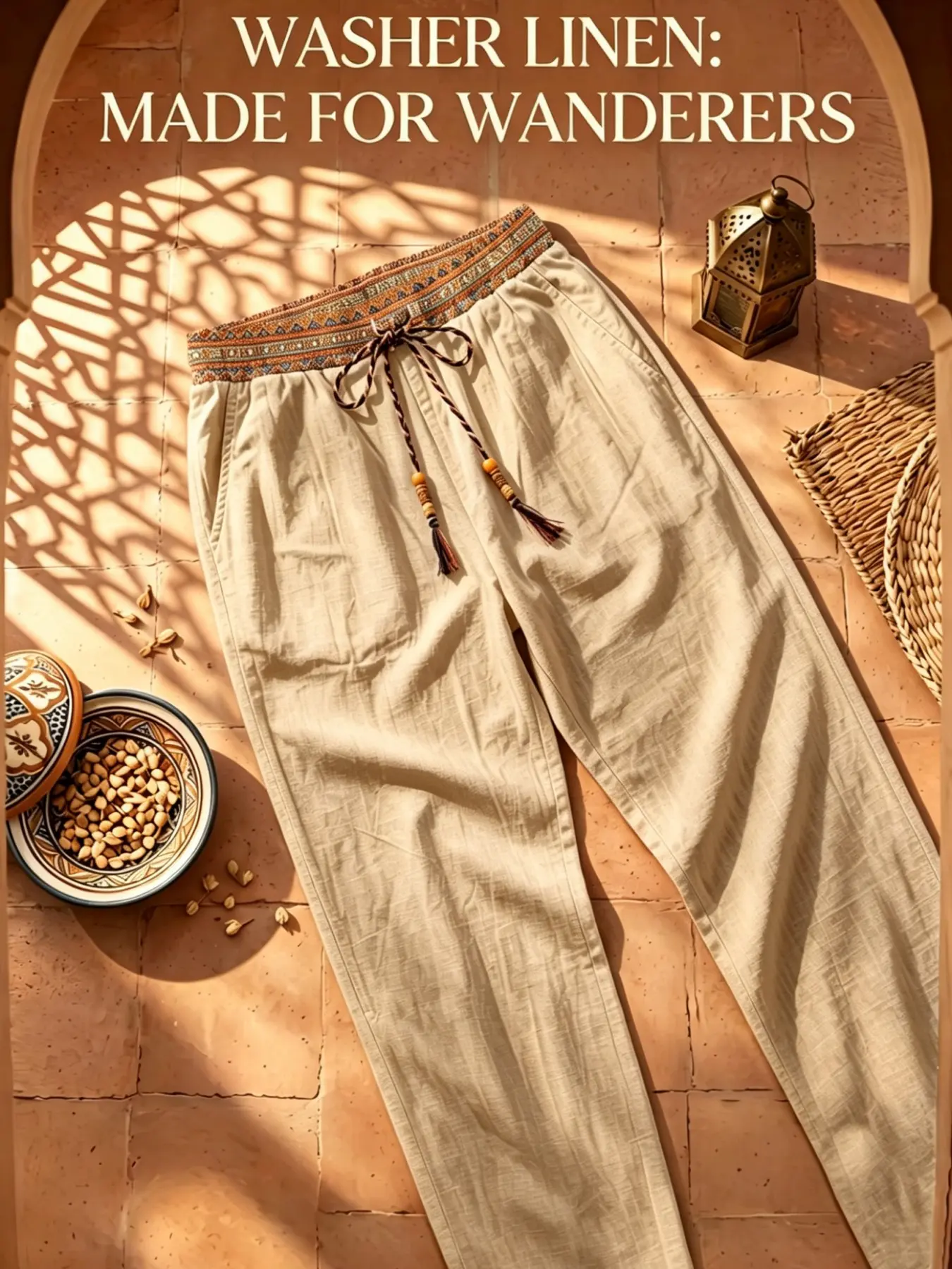 Men's Bohemian Cotton Linen Casual Pants, Ethnic Embroidered Waist Drawstring Hemp Long Pants, Summer Lightweight Breathable Beach Pants, Breathable Comfy Trouser, Drawstring Waist Trousers