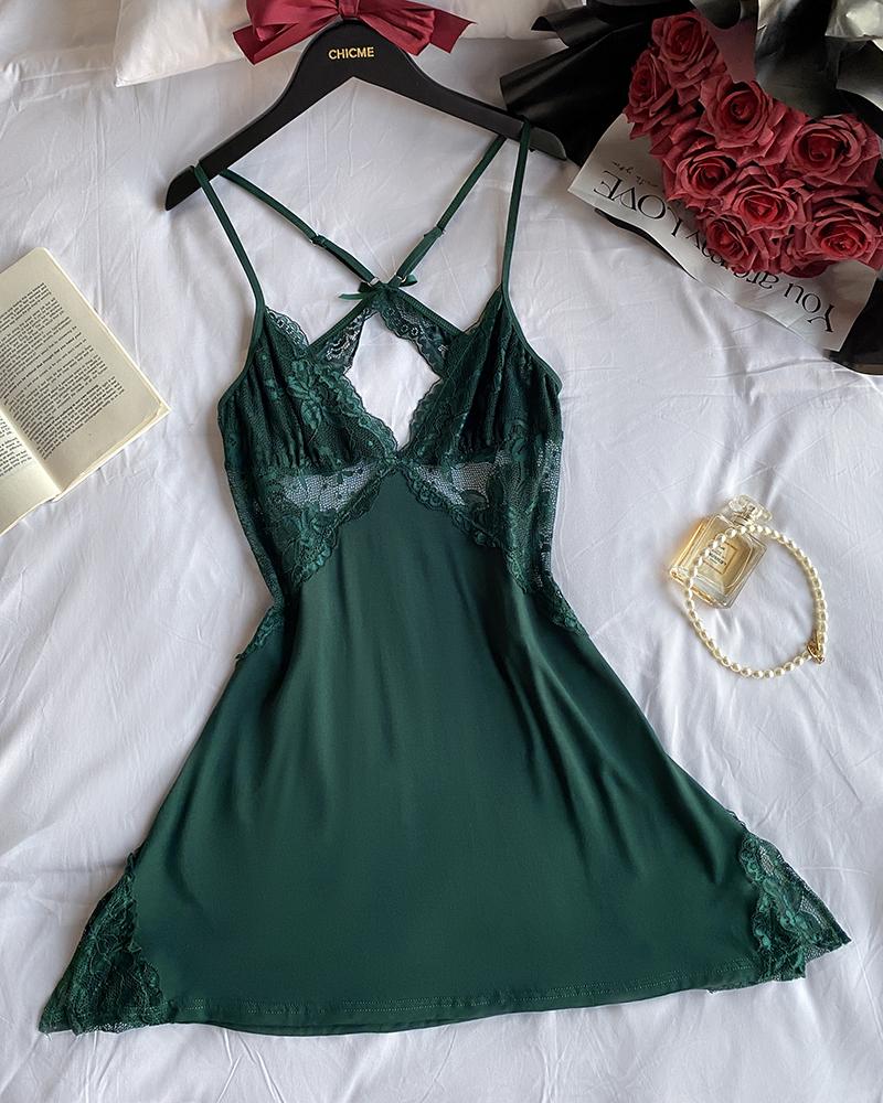 ChicMe Women's V-Neck Criss Cross Lace Patch Side Slit Babydoll Sleep Dress ChicMe Women's V-Neck Criss Cross Lace Patch Side Slit Babydoll Sleep Dress