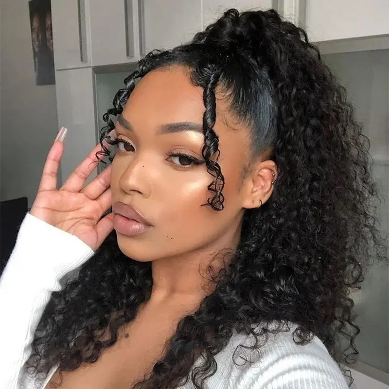ISEE HAIR Water Wave Kinky Straight Ponytail Human Hair Glueless InvisiFit Strap Natural Look Easy Install Drawstring Ponytail Wig