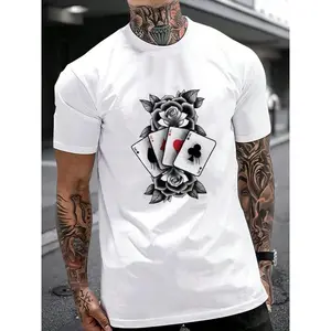 Men's Aesthetic Tattoo Style Playing Cards T-Shirt, 100% Cotton Premium Heavyweight Crewneck, Vintage Rose & Aces Graphic Streetwear, Soft Breathable Casual Top, Unique Gameday Apparel, Trendy Gift