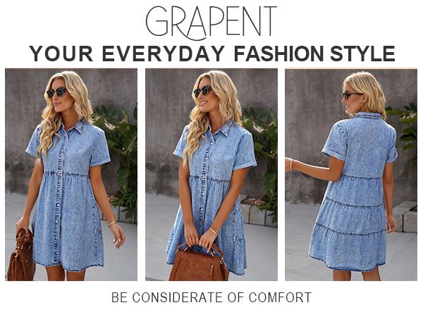 GRAPENT Denim Dress for Women Babydoll Tiered Short Sleeve Button Down Jean Shirt Dresses SpringStatements