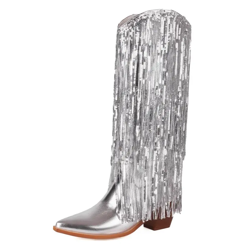 Women's Rhinestone Cowboy Boots Knee High Wide Calf Cowgirl Boots Western Pointed Toe Chunky Heel Sparkly Cowgirl Booties Pull On Cowboy Boots for Women