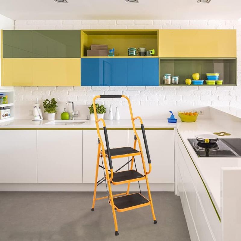 Karlhome 3-Step Staircase with Handrail 300-Pound Folding Step Stool Large Footboard Area Non-Slip Side Handrails for Home Office