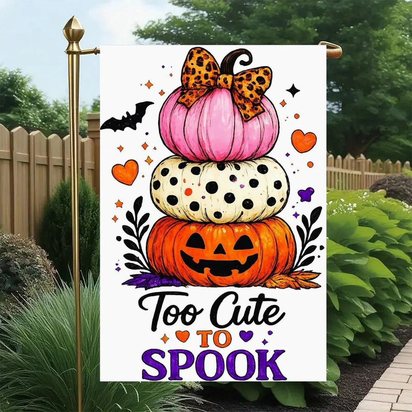 Halloween Double-Sided Waterproof Linen Garden Flag, 12x18in Heat Transfer Print, Too Cute To Spook Pumpkin Stack with Leopard Bow Jack O Lantern Bat Yard Decoration Flag
