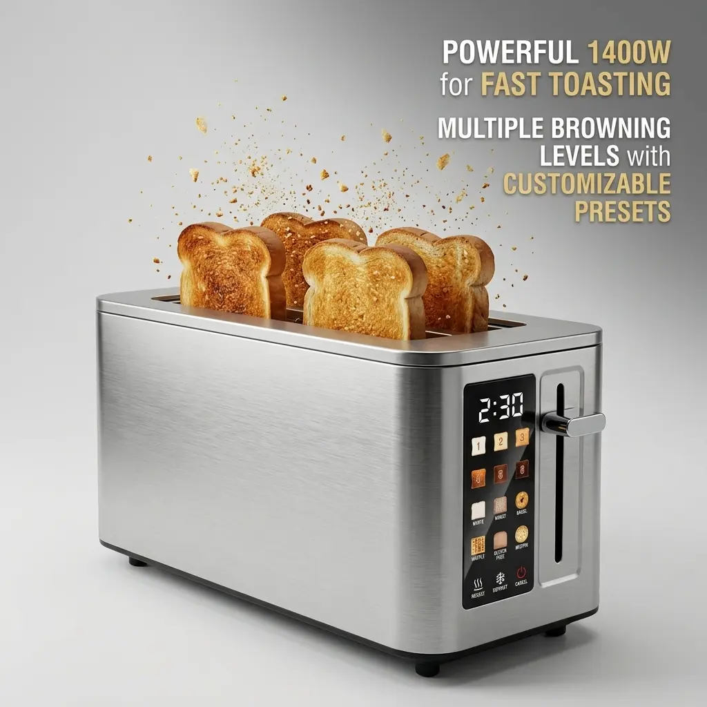 4 Slice Digital Touchscreen Stainless Steel Toaster - Powerful 1400W, 6 Bread Types, 6 Shade Settings, Wide Slots for Even Toasting, Easy-Clean Removable Crumb Tray, Bagel/Reheat/Defrost Functions, Compact 304 SS Design