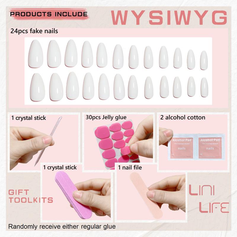 Fashion Solid Color Press-on Nails, Almond Shape • White, Pollen Ice Translucent, Mirror Gold, Rose Gold • Simple & High-end Look, 24pcs