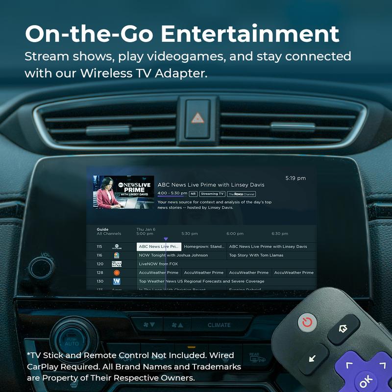 AutoSky TV Adapter – Wireless Apple CarPlay Converter with HDMI Input for Fire Stick, Roku & Streaming Apps on Your Car's Infotainment Screen