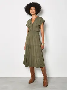 Tiered V Neck Utility Dress Khaki