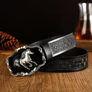 [Men's Casual Leather Horse Head] Western Horse Head Belt Buckle - Men's Casual Leather Belt with Smooth PU Strap and Alloy Horse Head DesignGift