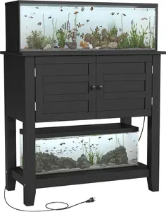 Heavy Duty 20-29 Gallon Aquarium Stand with Charging Station – Double Door Storage Cabinet – Open Shelves & Magnetic Drawer – Living Room Set – Black