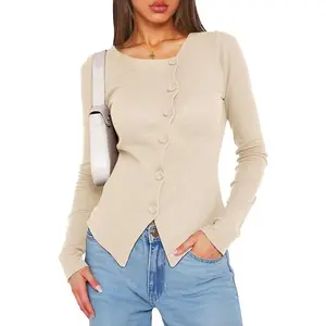 Cicy Bell Women's Asymmetrical Long Sleeve Ribbed Fitted Cropped Blouse Button Down Lightweight Viscose Polyester Basic Winter Casual Tops Fabric Crewneck