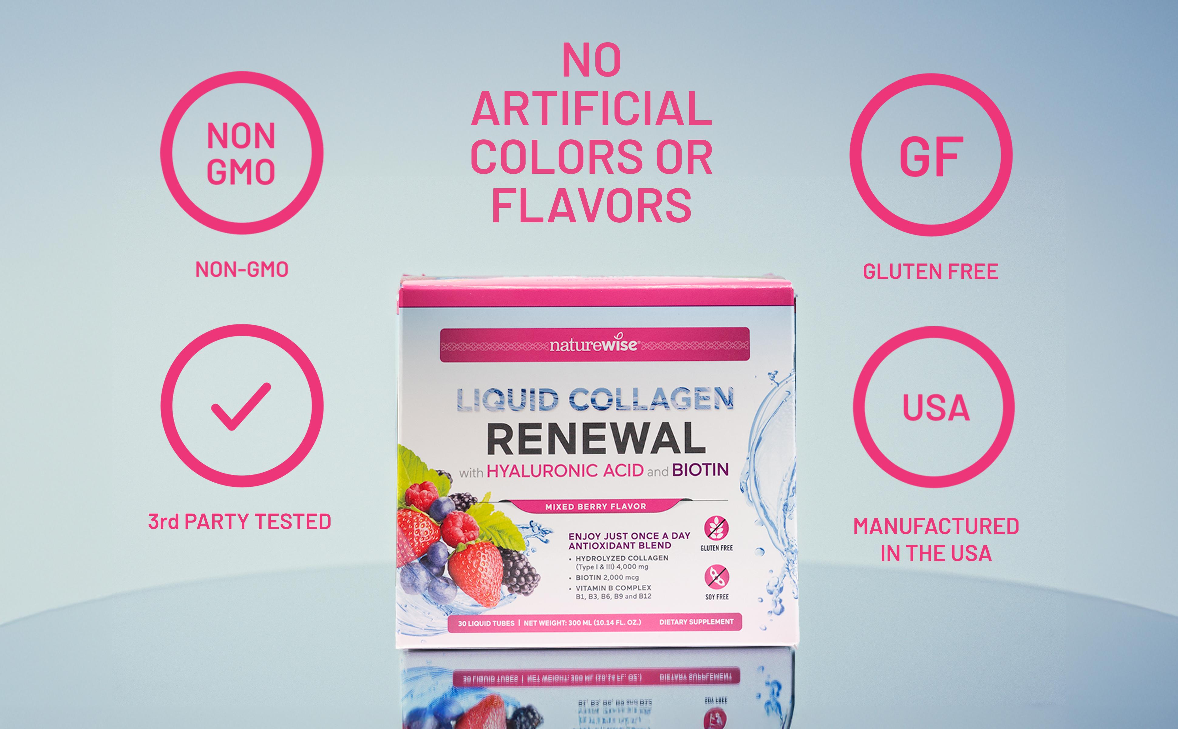 NatureWise Liquid Collagen Renewal - Hydrolyzed Liquid Collagen for Women & Men 4000mg - High Absorption Liquid Collagen Drink - Type 1 & 3 Peptides + Biotin + Vitamin C + Vitamin B Complex & Hyaluronic Acid - Mixed Berry/Mango Flavor - Beauty Supplement