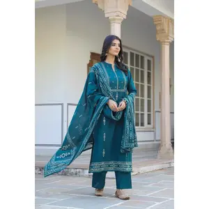 Elegant Dark Teal Ethnic Suit Traditional Indian Wear for Women 3-Piece Set with Kurta Palazzo & Dupatta Cotton Fabric Collared Neck Regular Sleeve Regular Wear