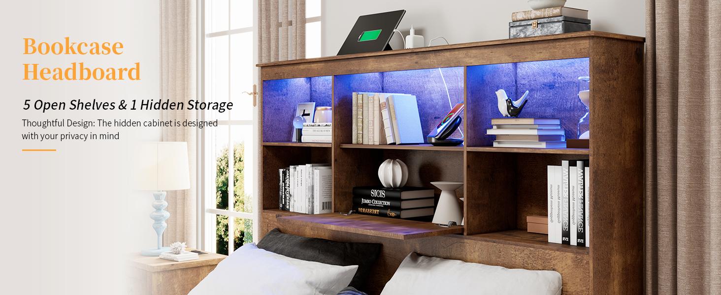 AMERLIFE Full/Queen/King Size Bed Frame with Storage Bookshelf Headboard, Industrial Wooden Bed Frame with Charging Station & 4 Drawers, No Box Spring Needed/Luxury Bedroom Furniture AMERLIFE Full/Queen/King Size Bed Frame with Storage Bookshelf Headboard, Industrial Wooden Bed Frame with Charging Station & 4 Drawers, No Box Spring Needed/Luxury Bedroom Furniture