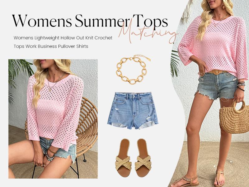 Shewin 2026 Spring/Summer Women's Oversized Hollowout Sweater Breathable Cut-Out Round Neck Half Sleeve Tunic Top for Daily & Vacation Casual Wear SpringStatements