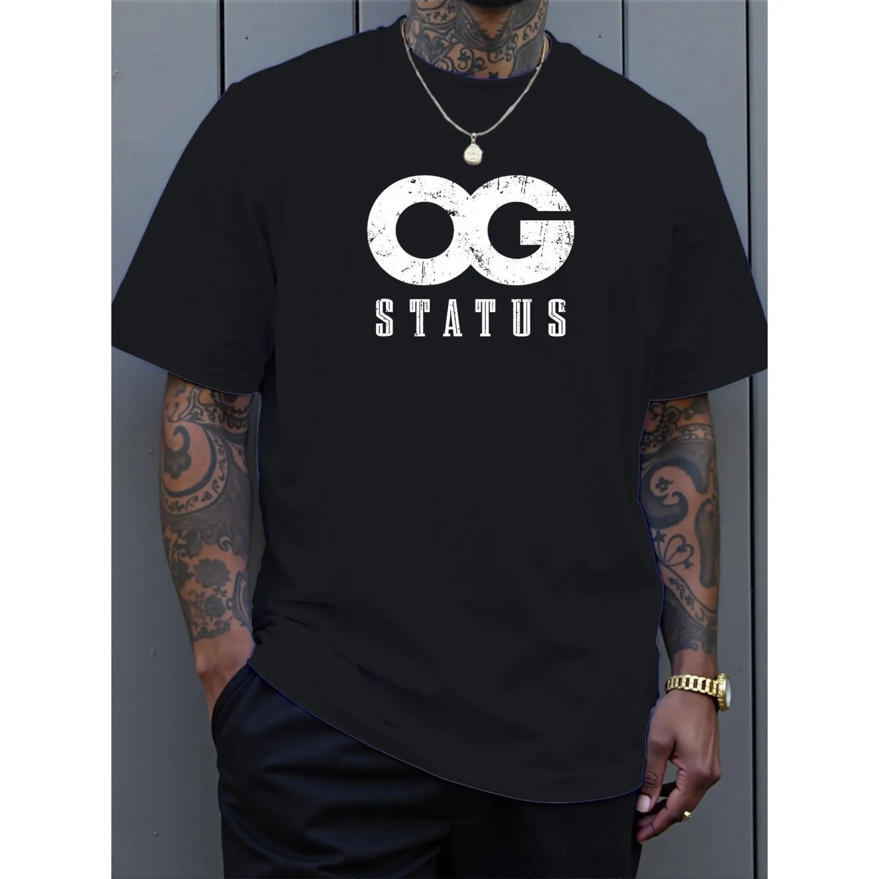 Men's 'OG Status' Graphic T-Shirt, Casual Geometric Print in Comfortable Stretch Cotton Fabric for Gym and Lounge, Tshirt, Crew Neck, Round Neck, Male, Stretch Knit, Athleisure Wear, Regular Cut, Graphic Logo