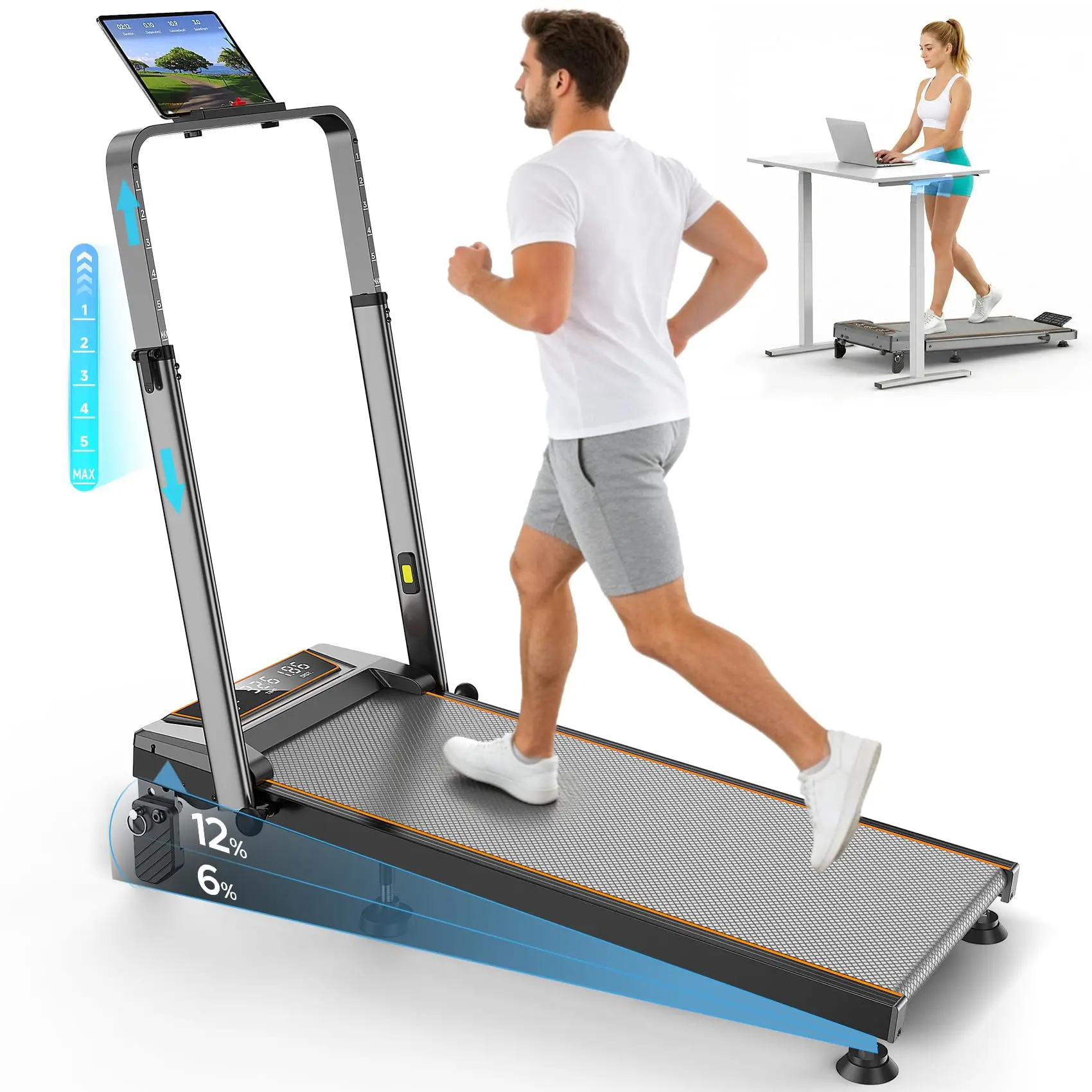 T12C1 Smart Foldable Walking Pad Treadmill with 1-Click Mute, 3.5HP Motor, 12% Incline, Height-Adjustable Handle Bar, APP/Remote Control, 350lbs Capacity