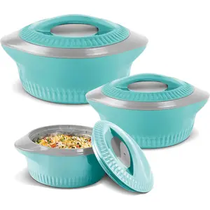 Casserole for hot food, Double walled insulated inner Stainless Steel hot pot with lid, serving box for food and roti, insulated serving bowl with lid, Set of 3 Royal, Brown