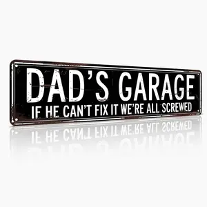 Metal Sign 16x4 Inch Aluminum - "Dad's Garage If He Can't Fix It We're All Screwed" Funny Garage Wall Decor, Distressed Black & White Retro Plaque for Man Cave & Garage
