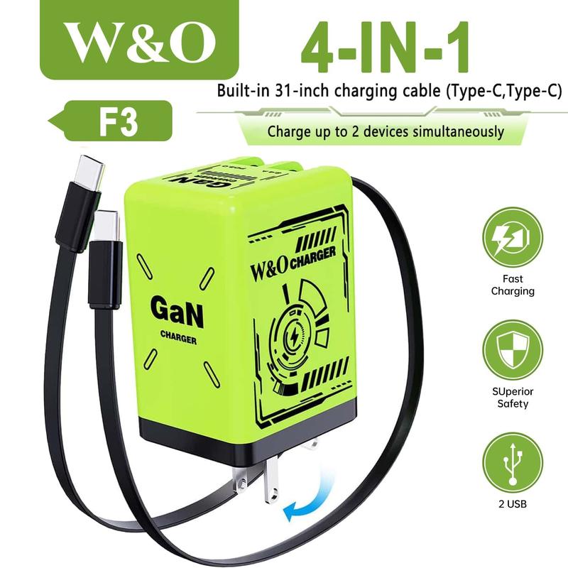 W&O 4-in-1 Portable GaN Fast Charger  Compatible with 120W Fast Chargeing with Retractable Cable USB-C & Lightning Usb Connector iphone 16 plus cases smart watch iphone 15 pro max earbuds portable charger chargers android phones power bank power bank