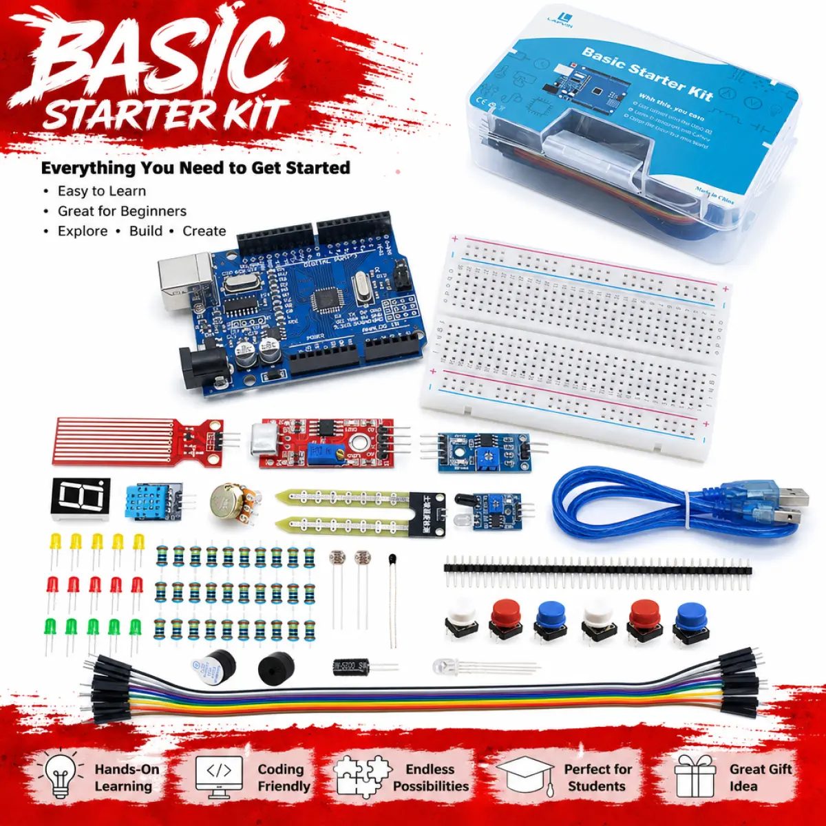 LAFVIN UNO R3 Starter Kit with 30+ Components, Including DHT11 Temperature Sensor, Soil Humidity Sensor, Sound Sensor, RGB LED, LCD Display & Servo Motor – Complete Electronics Learning Set for Arduino Projects