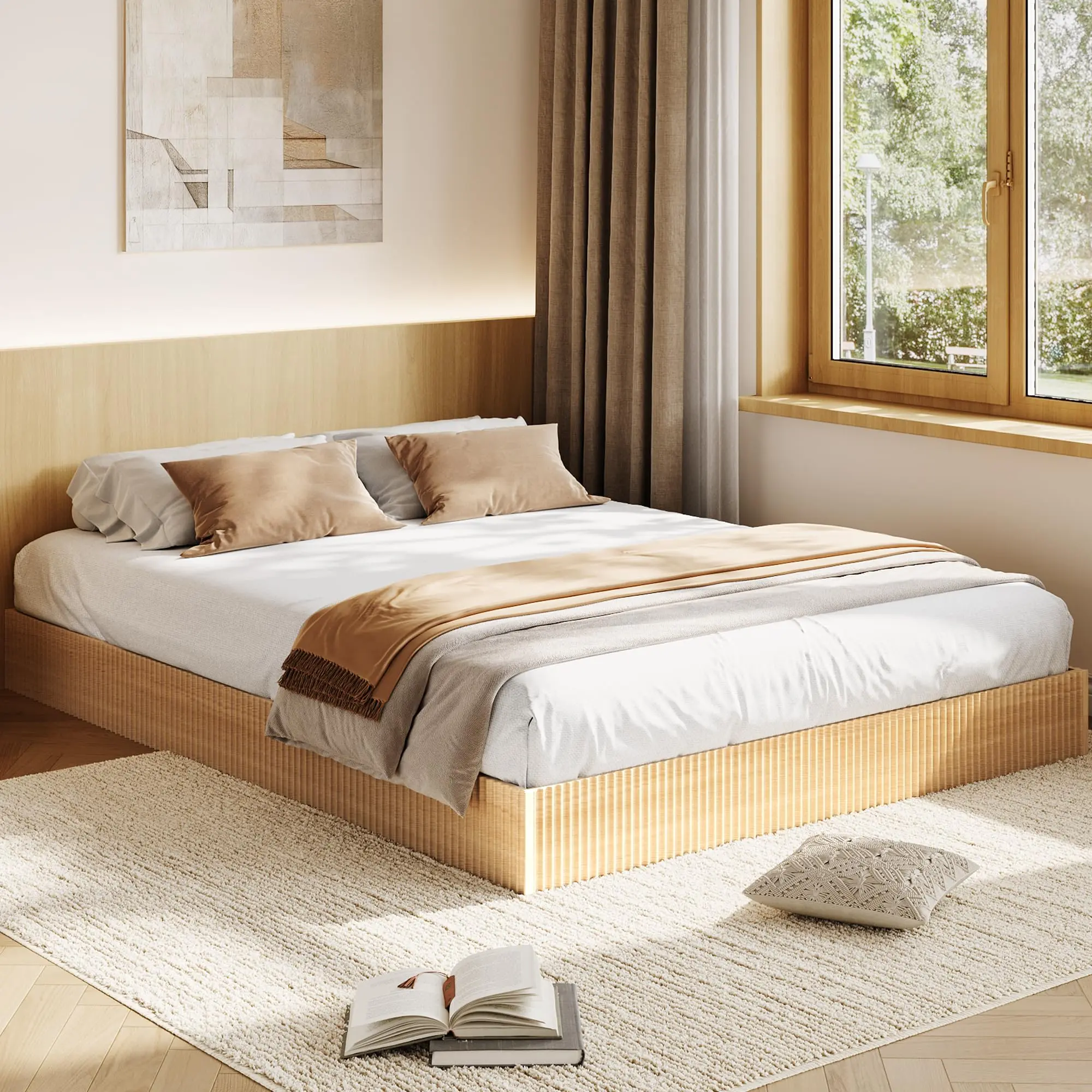 Wooden bed frame, wooden platform bed with grooved design, California King bed frame with sturdy support, easy assembly, no box spring required, quiet, oak