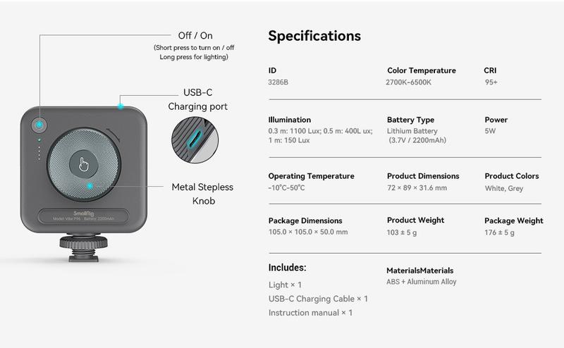 SmallRig P96 LED Mini Ring Light, Video Light,96 LED beads for Photography Video Lighting, Rechargeable 2200mA CRI 95 + 2700-6500K w 3 cold shoes Christmas gifts 3286B