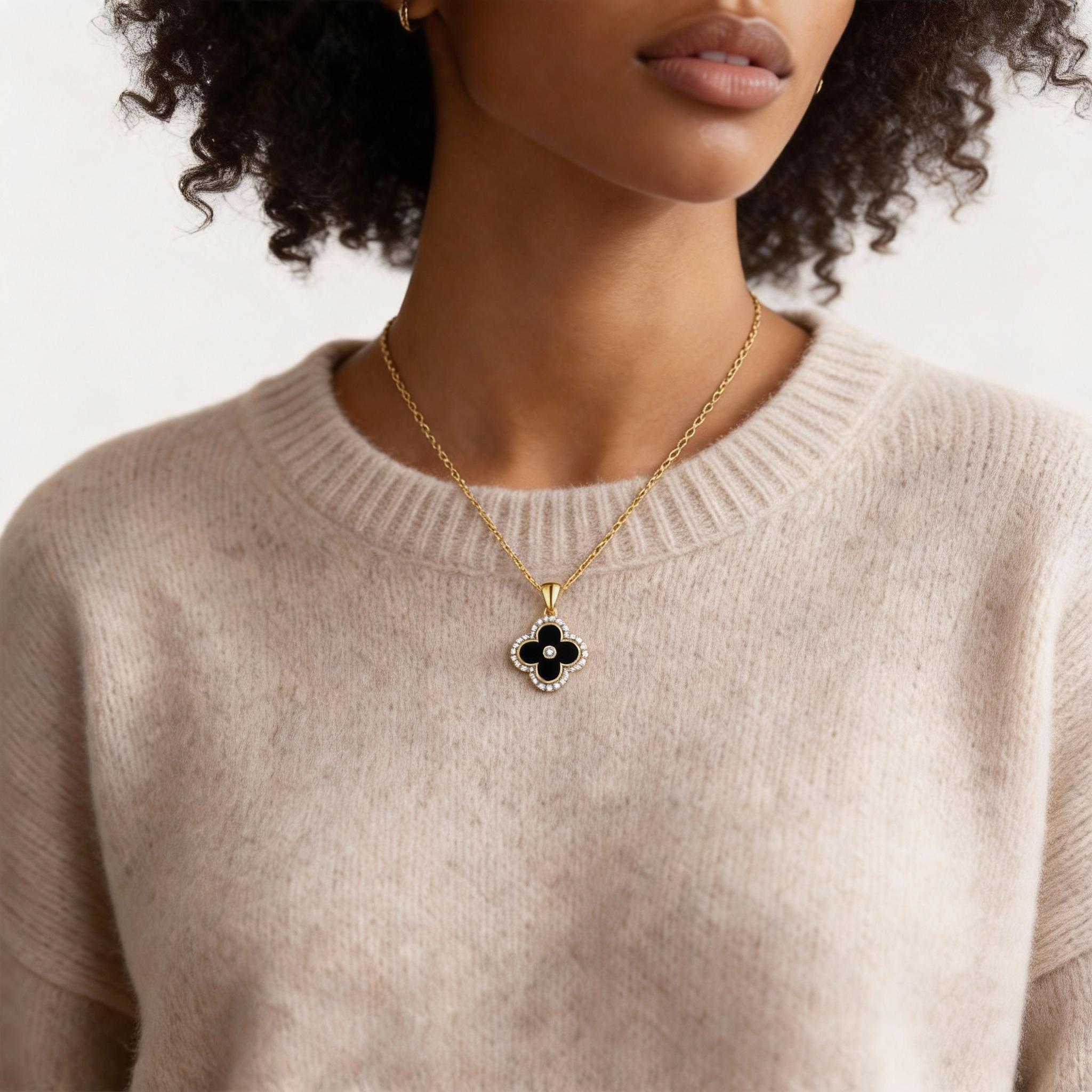 Turandoss Lucky 4-leaf Clover Necklace — CZ Sparkle, 14K Gold Plated, Valentine’s Gift for Women SpringStatements