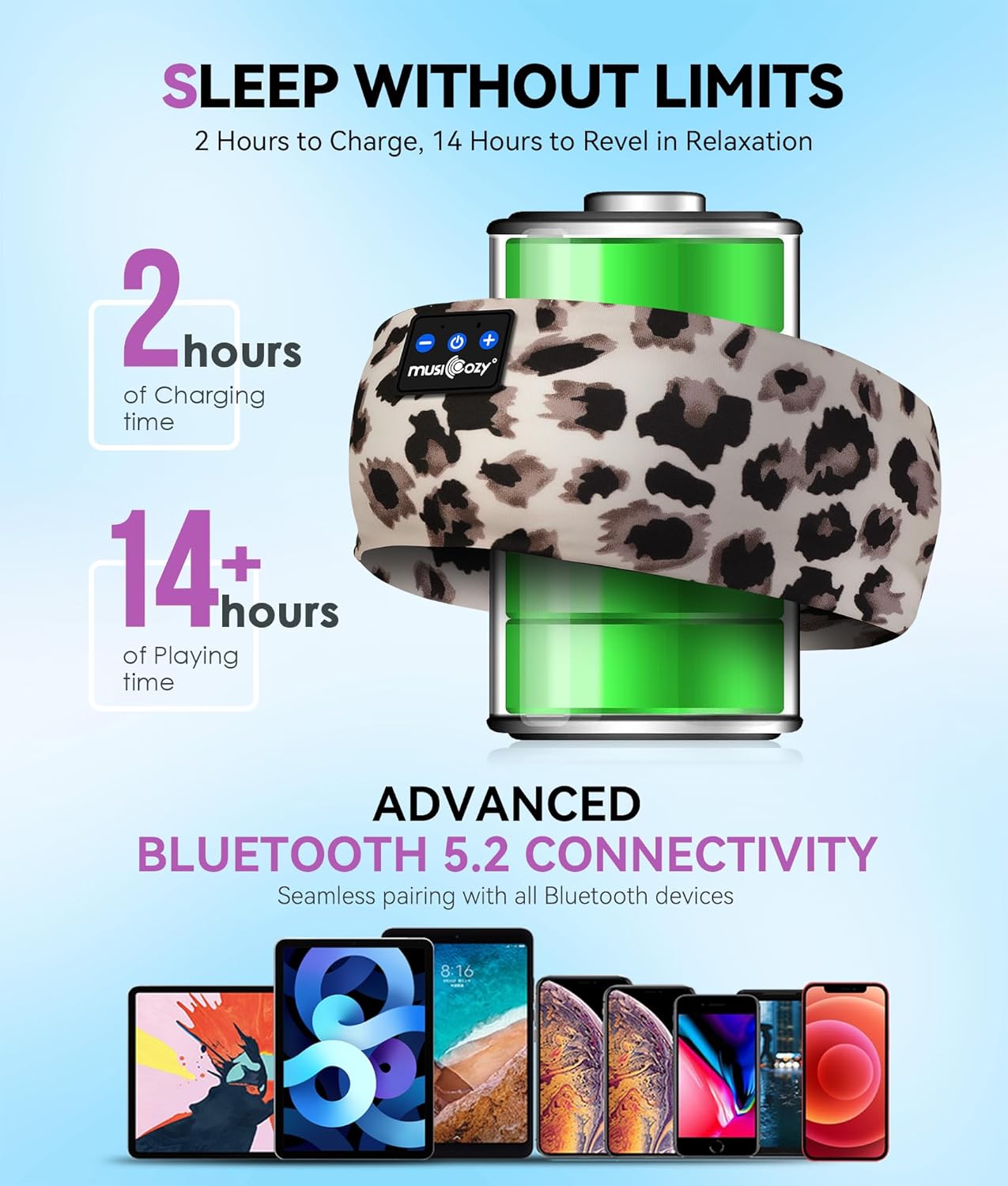 MUSICOZY Bluetooth 5.4 Sleep Headphones Headband,Invisible Earphones, Ultra-Thin HD Stereo Speakers, Noise Cancelling Earplugs, Sweat-Wicking Sports Headband with Leopard Print, Ideal for Side Sleepers, Sleeping, Running, Yoga, Office, Stress Relief