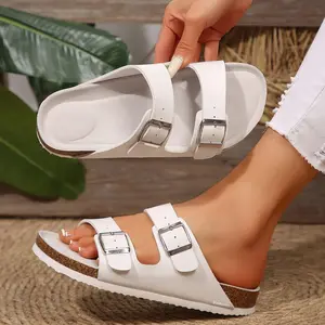 Women's Two Strap Buckle Sandals Comfortable Cork Footbed Flat Slippers Indoor Outdoor Shoes