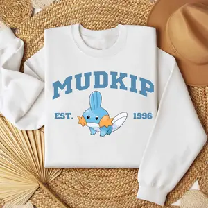 [Made In USA] Mudkip Graphic Sweatshirt, Cute Water Type Character Design, Anime Streetwear Aesthetic, Casual Cozy Wear, Soft Unisex Pullover