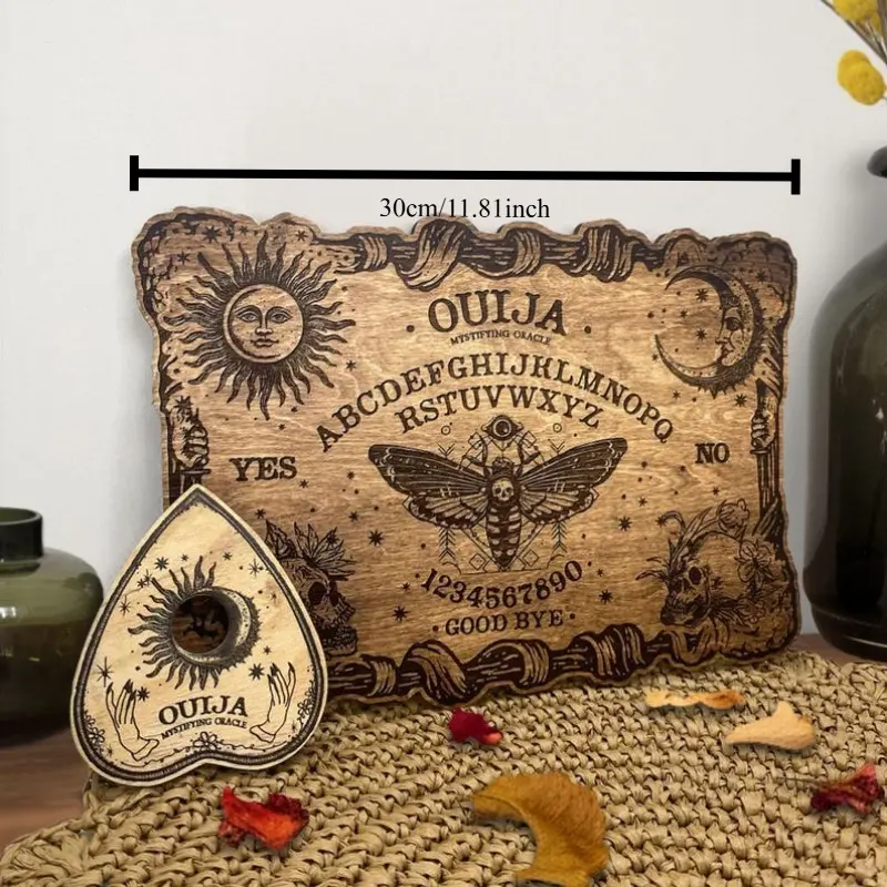2PCS Wooden Gothic Ouija Board with Planchette, Talking Spirit Board, Divination & Witchcraft Halloween Decor, Board Game Night Prop, Spooky Gift for Family, Indoor Home Decor