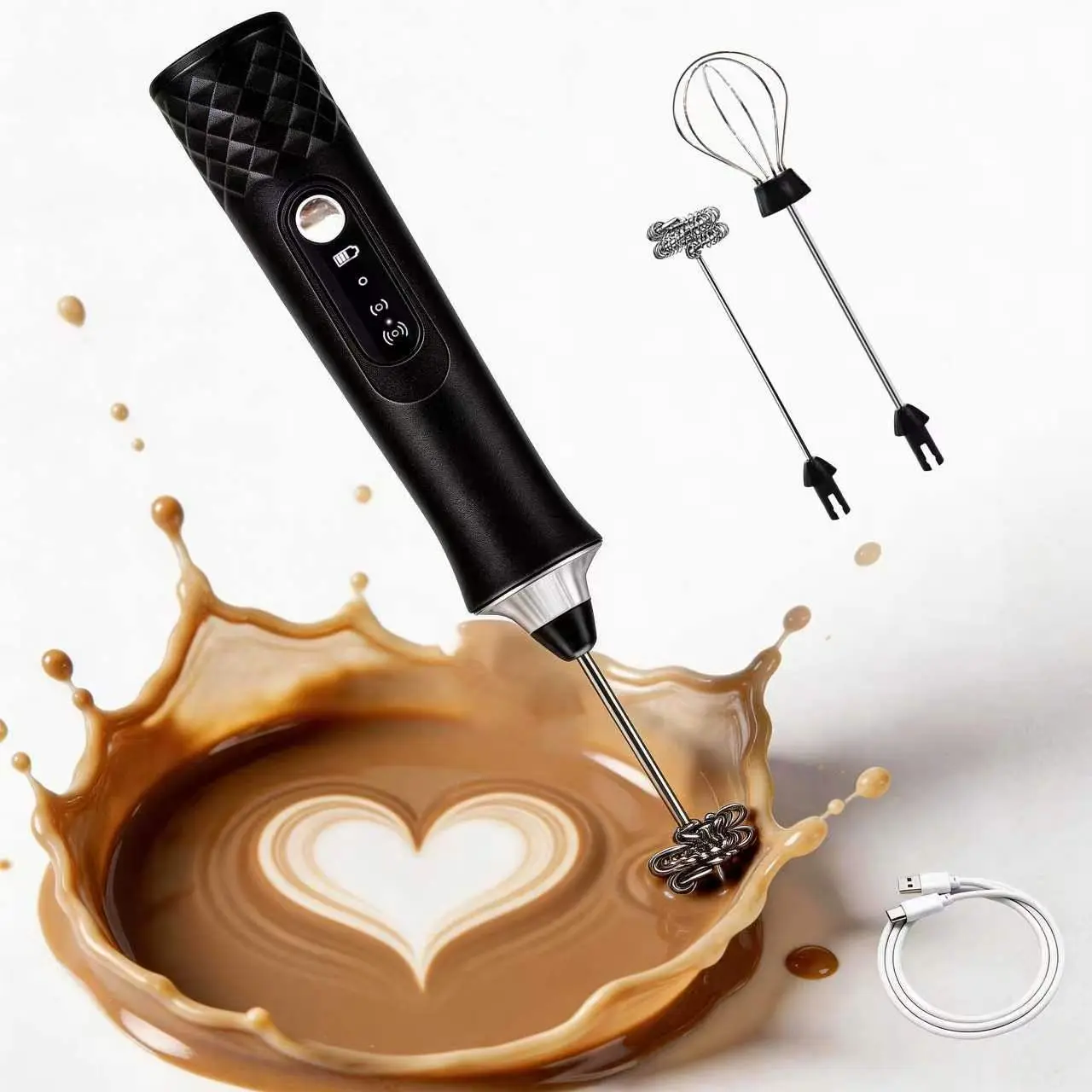 Upgraded Rechargeable Milk Frother – Handheld Electric Coffee Mixer with 2 Whisks, 3 Speed Settings & Storage Stand | Versatile Drink Mixer for Juices, Prebiotic Powders, Lattes, Cappuccinos,Coffee Mixer, Matcha & Eggs (Black)