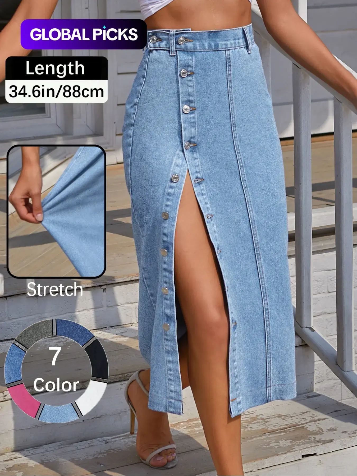 OBlue Jeans Women's  Button Front Light Wash Denim Split Hem Skirt, Casual Comfy Skirt, Casual Fashion Fitted Skirt for Daily Wear, Ladies Bottoms for All Seasons, Button Fly Skirt, T-Chic