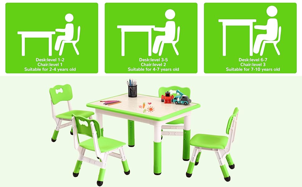 GARVEE Adjustable Table and Chairs Set for Ages 2-10, 4-Seat Desk with Graffiti Desktop, Non-Slip Design, Supports Up to 300lbs, Perfect for Classrooms, Daycares, and Home Use in Green, Light Blue, Beige, and Grey.