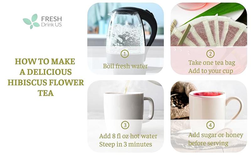 FreshDrinkUS Premium 140 Hibiscus Flowers Tea Bags, 100% Natural, Pure from Hibiscus Flowers. Loose Flower Hibiscus Herbal Tea. Hibiscus Flower Tea. No Sugar, No Caffeine, No Gluten, Vegan. hibiscus tea Beverage