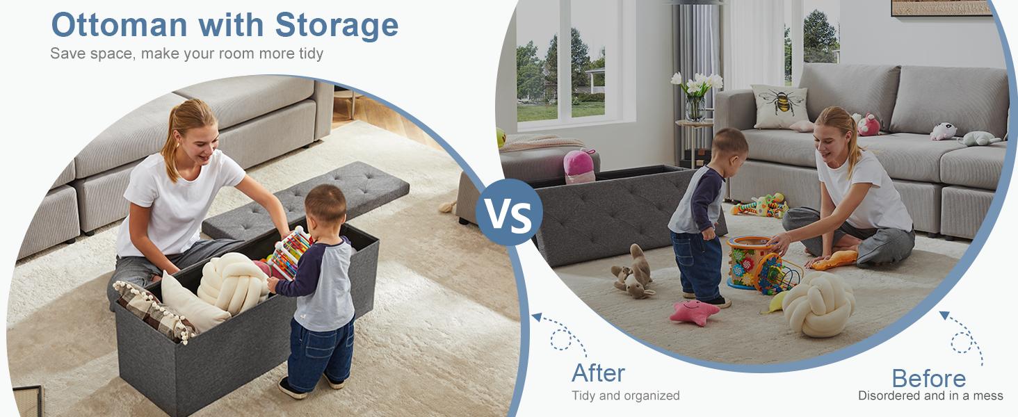 Sweet Furniture S - Folding Storage Ottoman Bench, Foot Rest Stool with Padded Seat, Large Toy Box Storage Chest with Seatin, Holds up to 660 lb-Grey