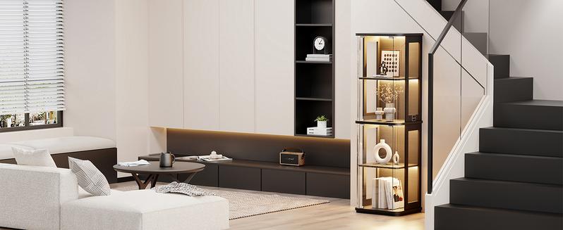 BROTTAR Rounded Display Cabinet with Glass Door, 4-Tier Curio Cabinet with 3 Color Lights for Collectibles, Glass Display Case with Transparent Full-Display Surface, Human Body Sensor, Black